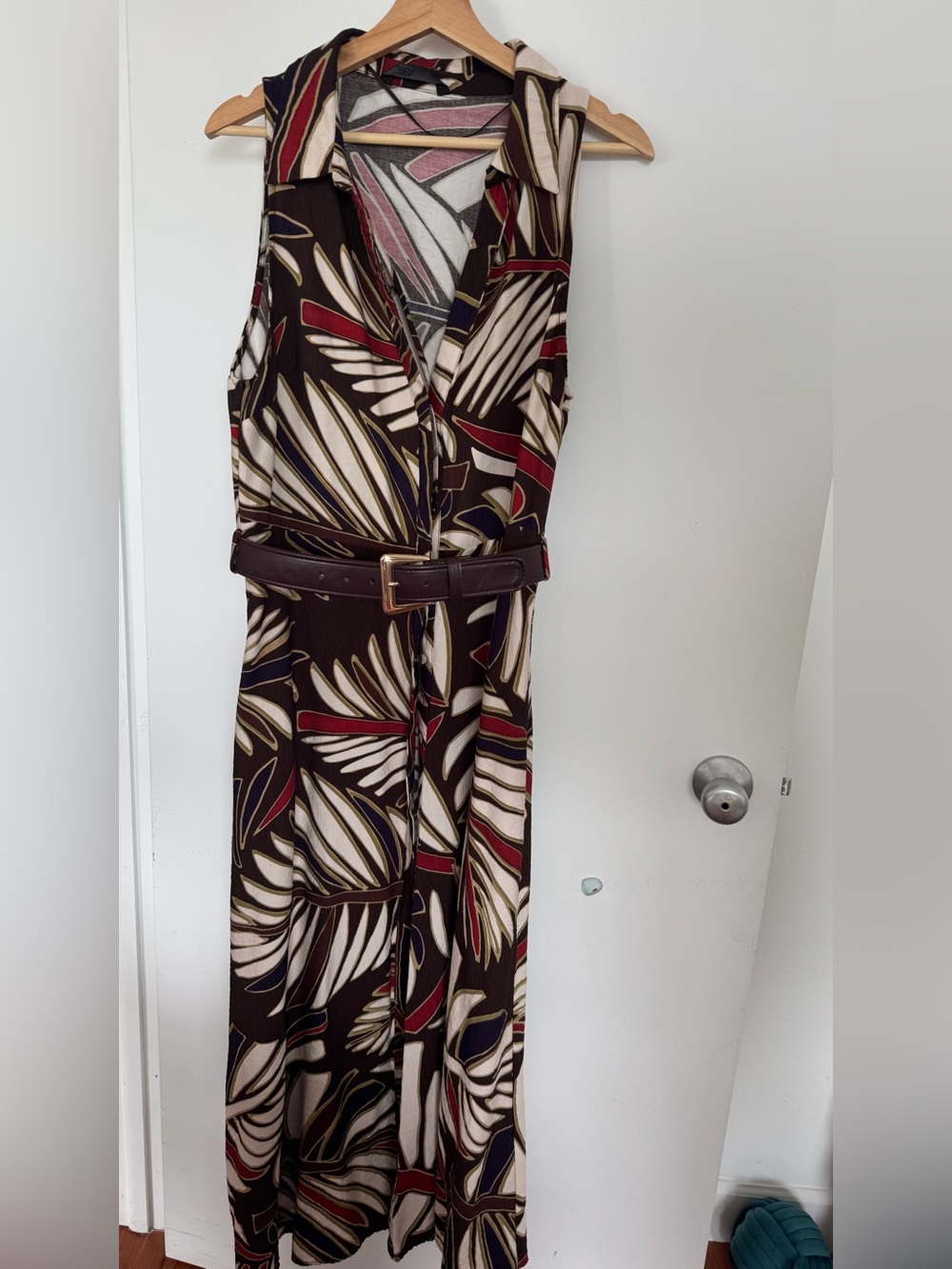 Zara Brown, Cream & Red Printed Sleeveless Maxi Dress with Belt